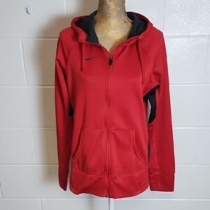 Nike Red Black Zip-Up Fleece Lined Hoodie Jacket Thumb Holes Therma-fit